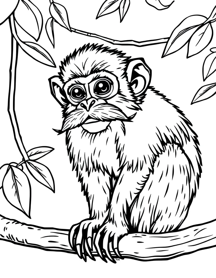 A tamarin monkey with a fluffy mustache sitting on a branch  