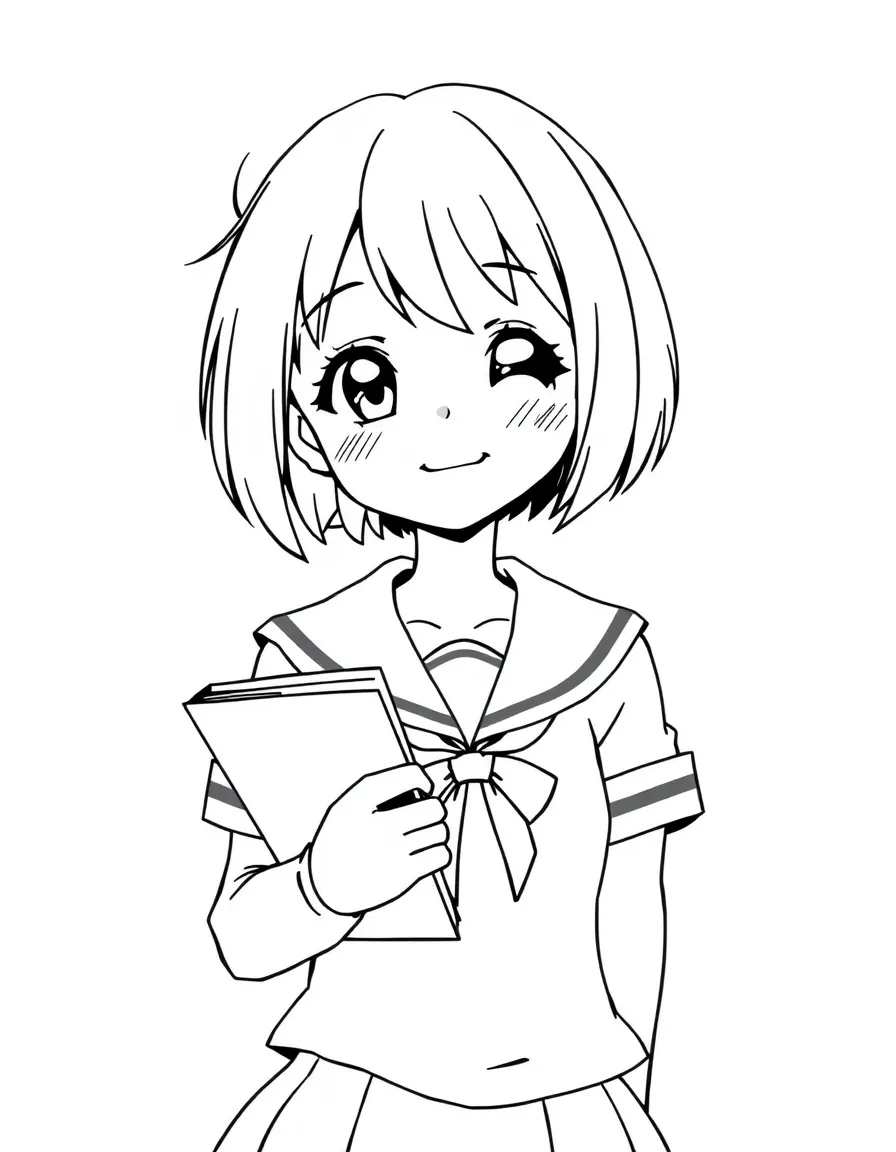 A cheerful schoolgirl with short bob hair wearing a sailor uniform and holding a book