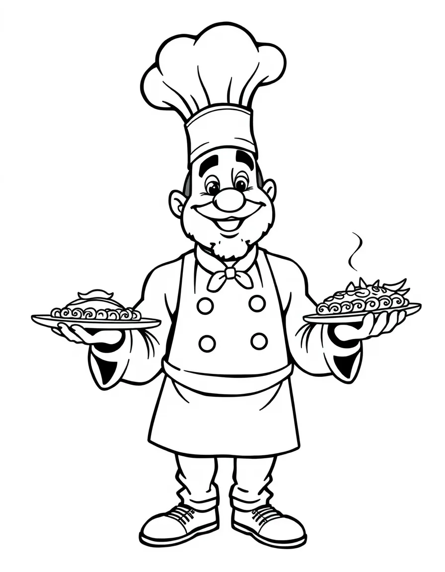 A confident chef with a tall hat and apron presenting a dish