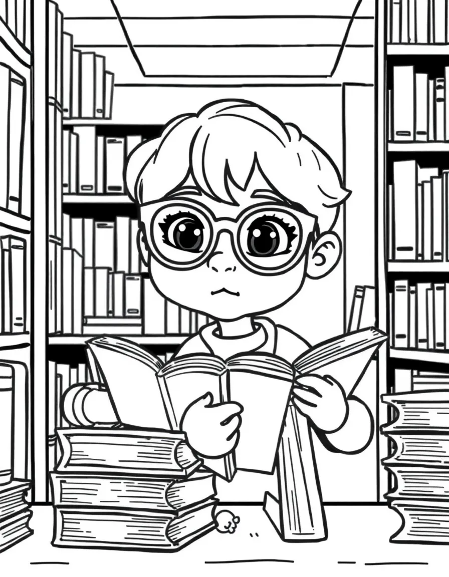 A shy librarian with half-frame glasses organizing books