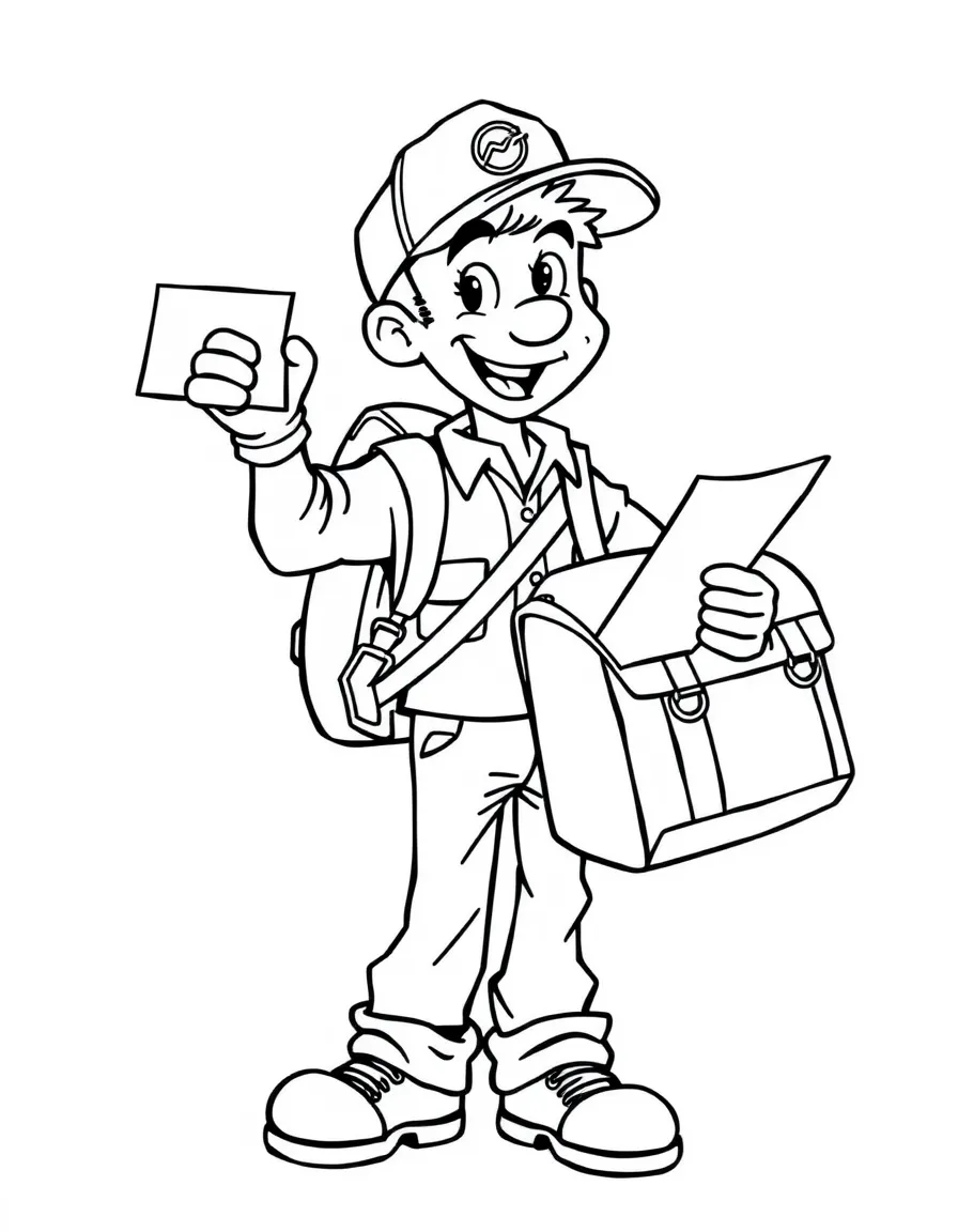 An energetic mail carrier with a messenger bag and a letter in hand