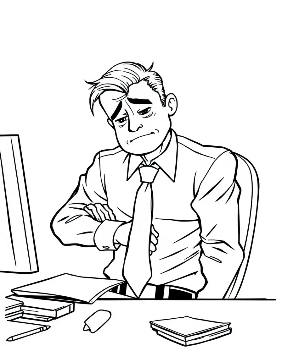 A tired office worker with loosened tie slouching at a desk