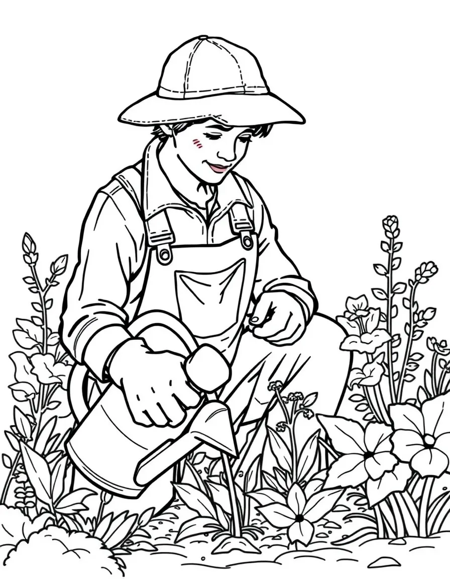 A meticulous gardener with gloves and a watering can tending to plants