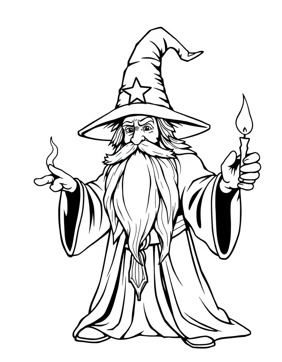 A wise wizard with a long beard and pointed hat casting a spell