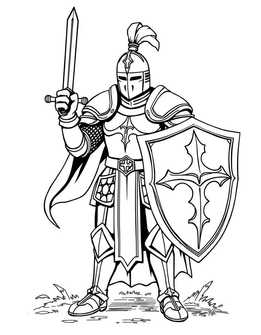 A brave knight in gleaming armor holding a shield and sword