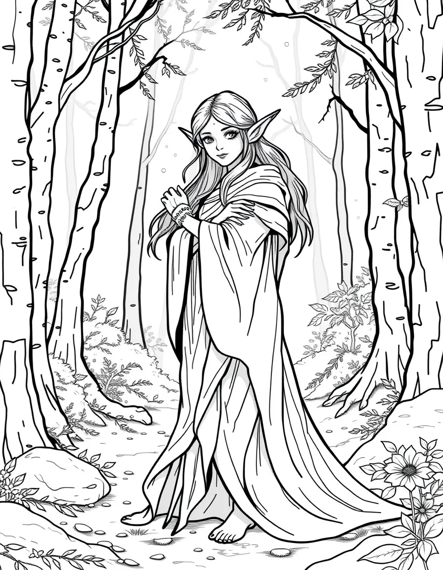 A graceful elf with pointed ears and flowing robes in a forest