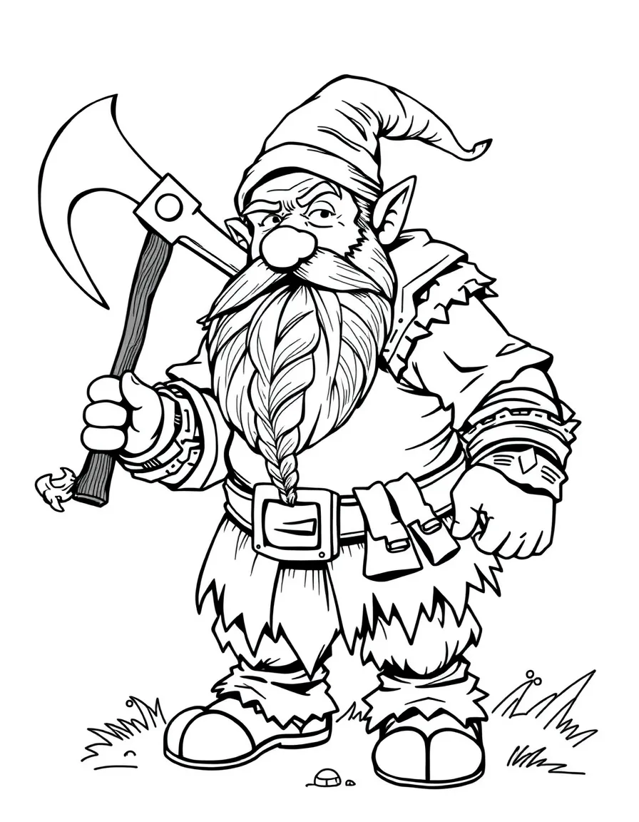 A sturdy dwarf with a braided beard carrying a battle axe