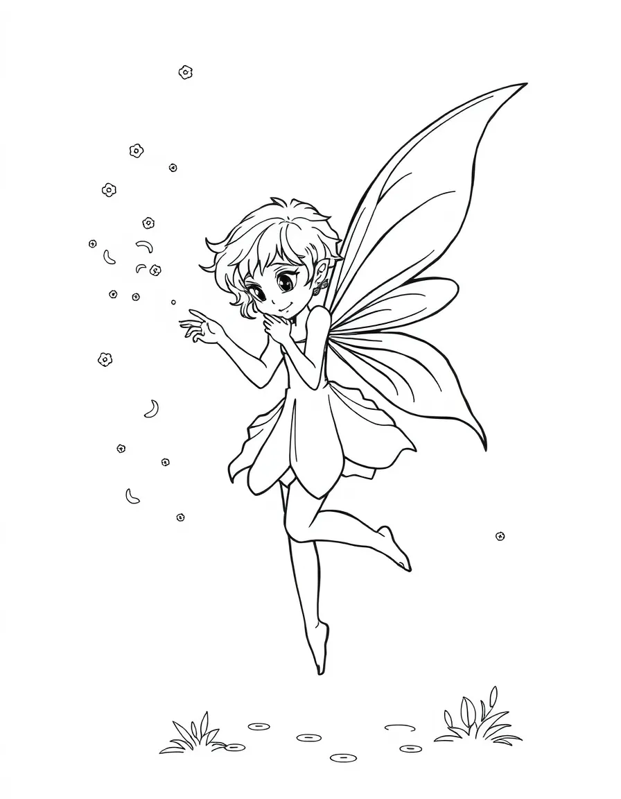 A mischievous fairy with gossamer wings sprinkling magical dust