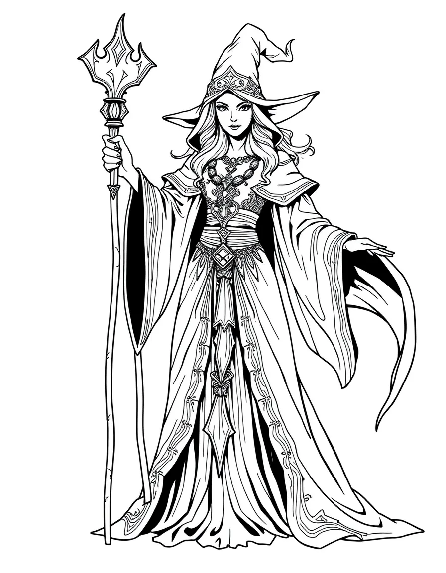 A powerful sorceress with elaborate robes and a magic staff