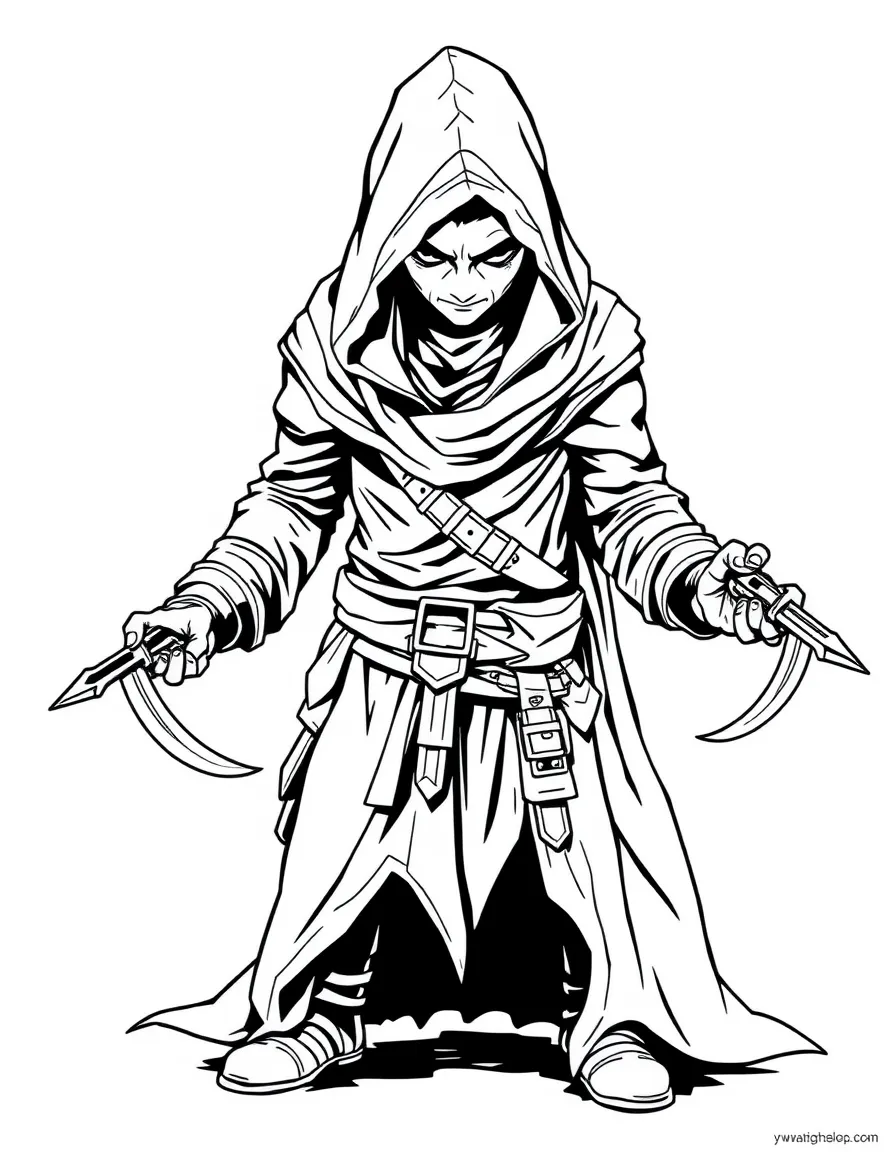 A stealthy thief with a hooded cloak and daggers