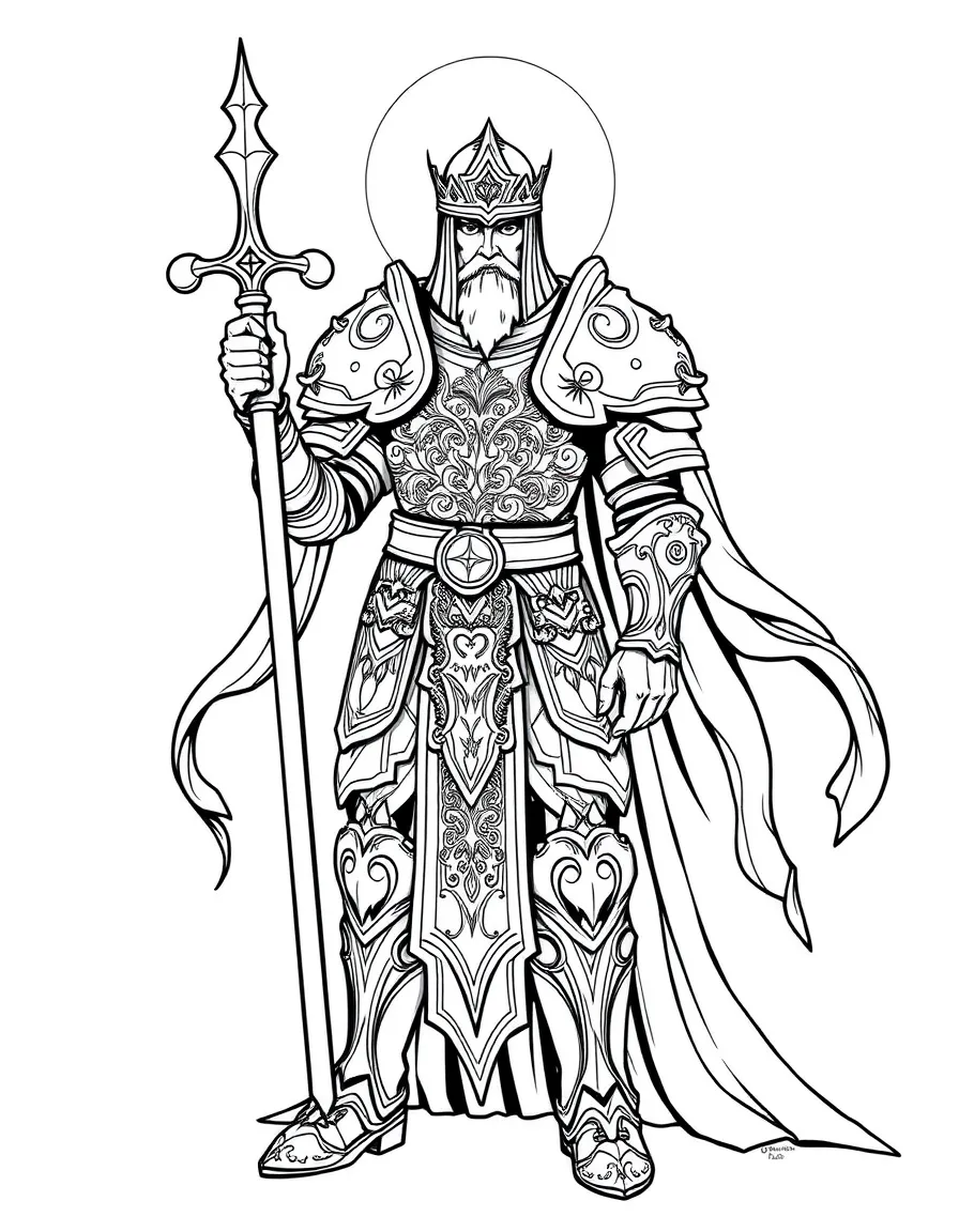 A noble paladin with ornate armor and a holy symbol