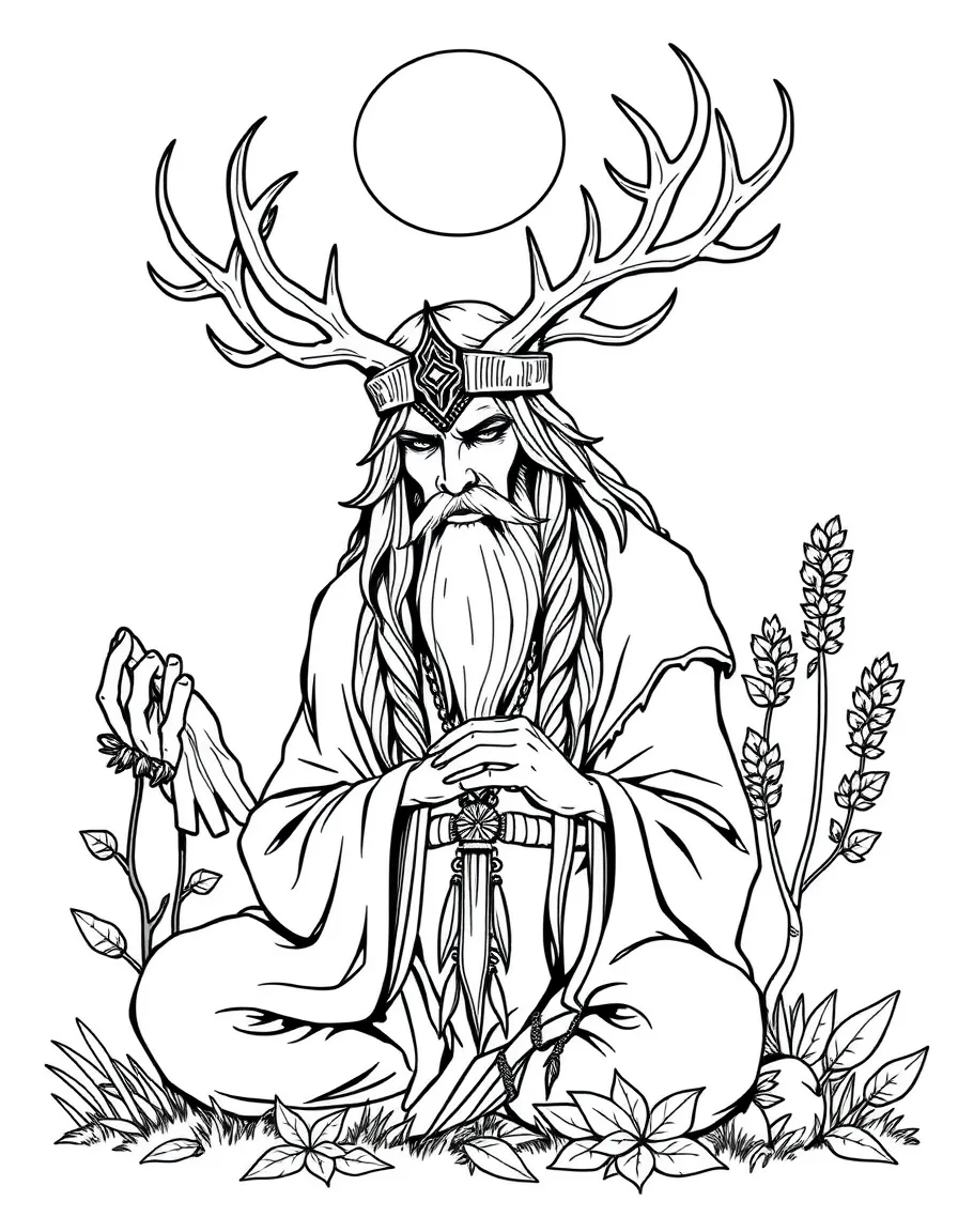A mysterious druid with antlered headdress communing with nature
