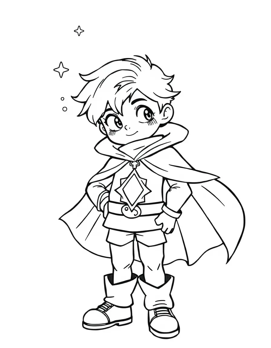 A magical boy with a cape and mystical amulet