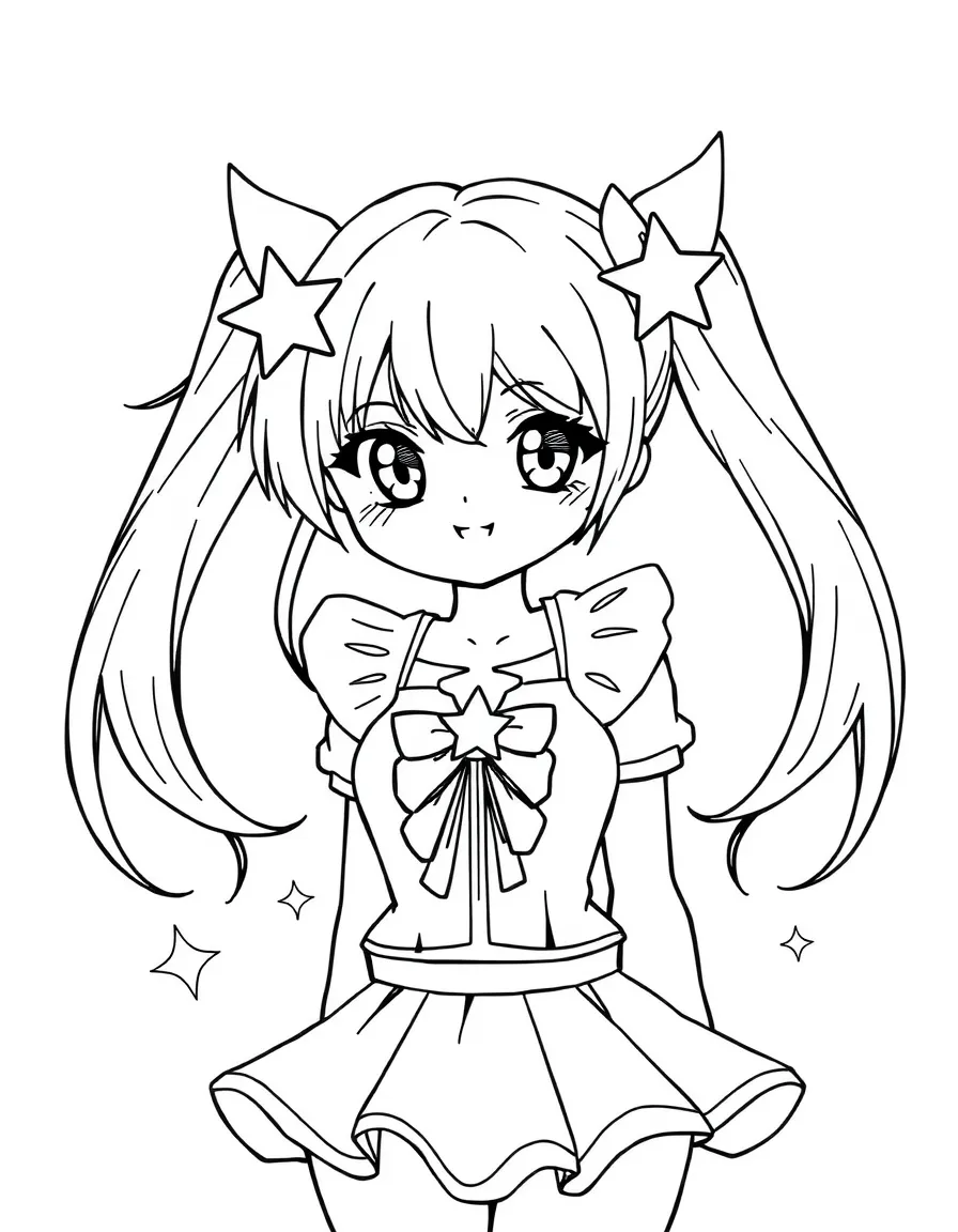 A twin-tailed heroine with star-shaped hair clips transforming
