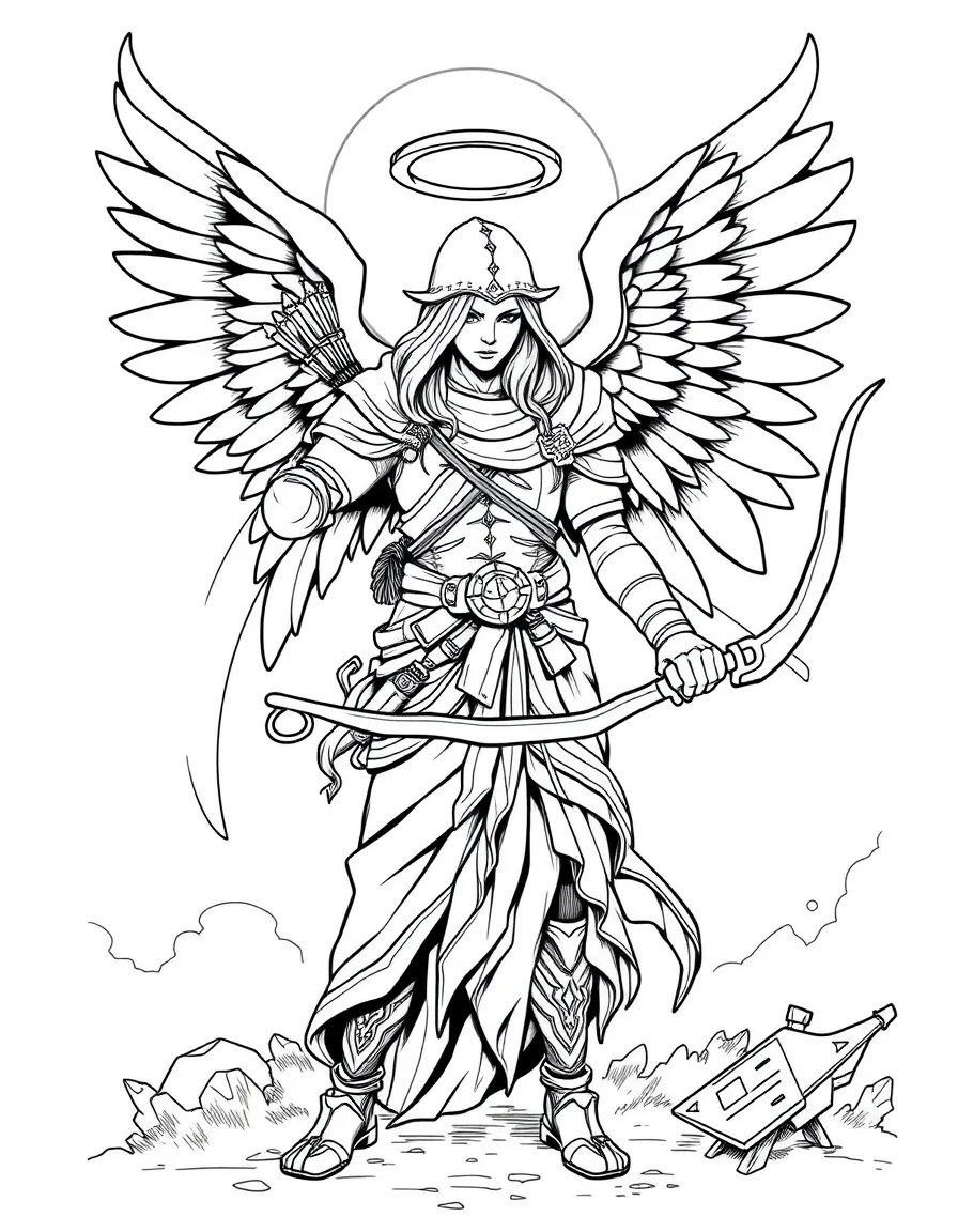 A magical warrior with angel wings and sacred bow