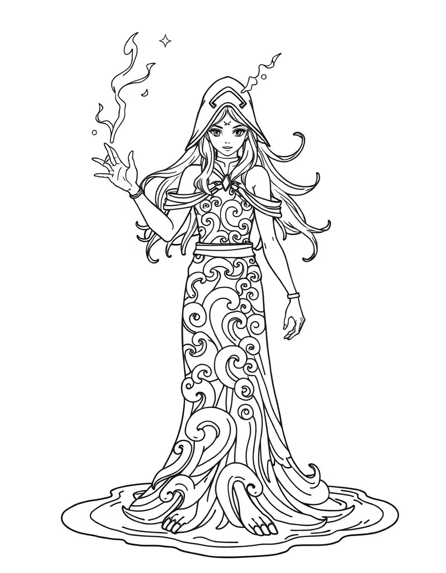 A water-element magical user with wave-patterned outfit
