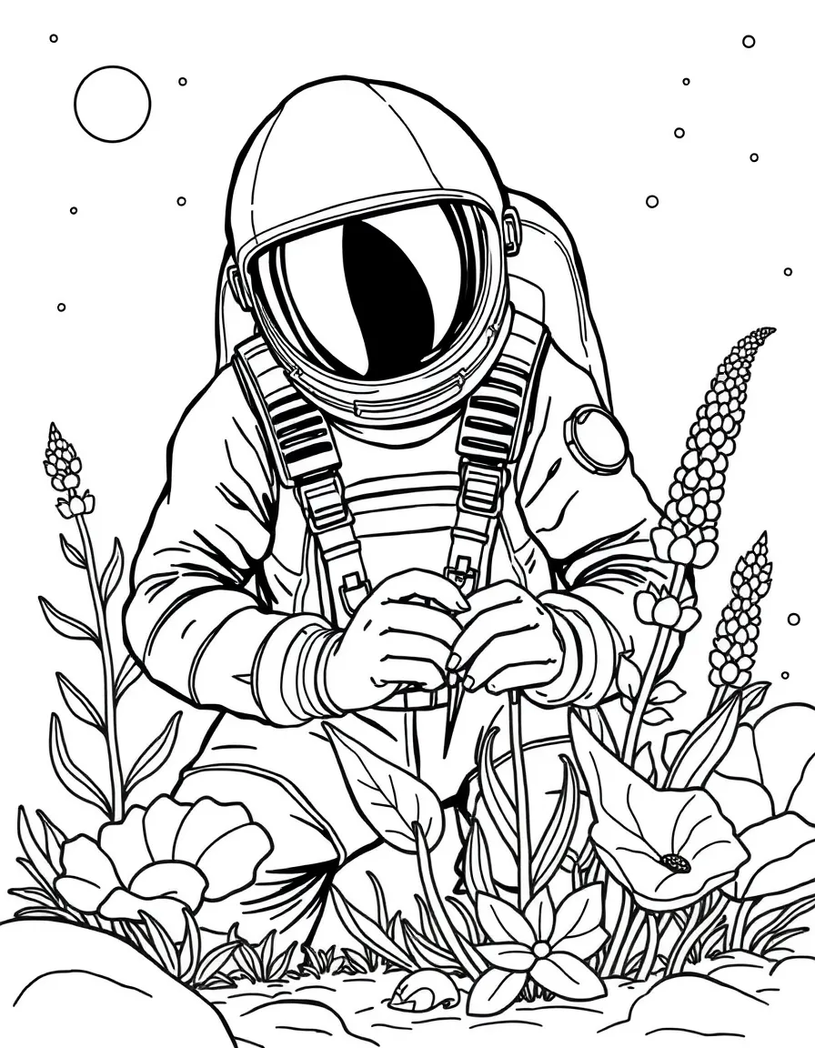 A space explorer in pressure suit examining alien flora