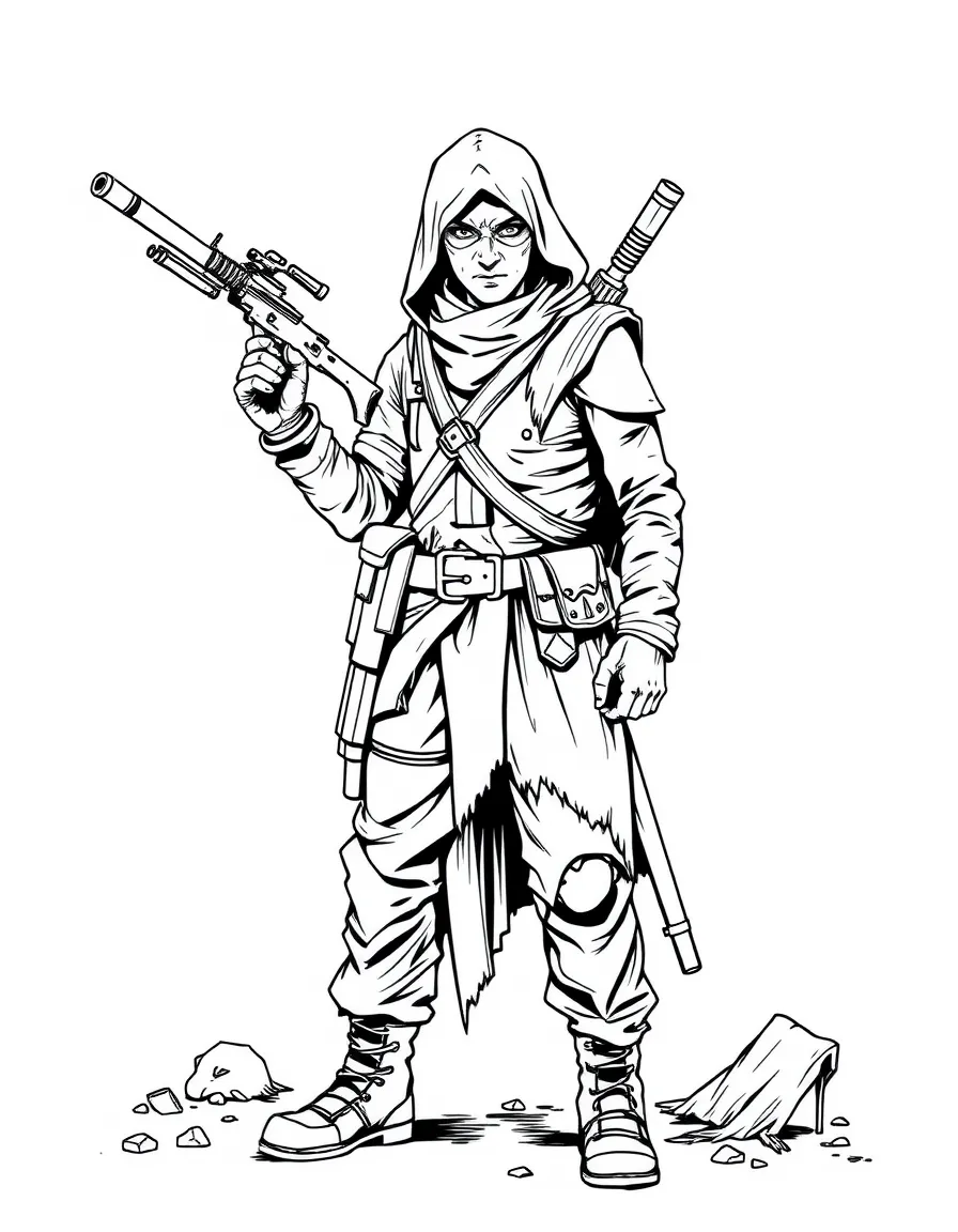 A rebel fighter with tattered clothes and improvised weapons