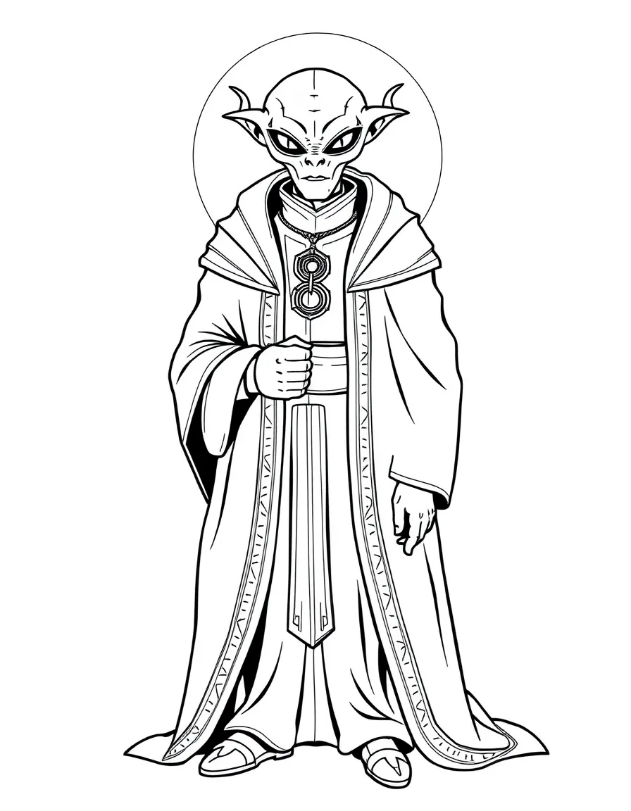 A galactic diplomat in formal robes with alien insignia