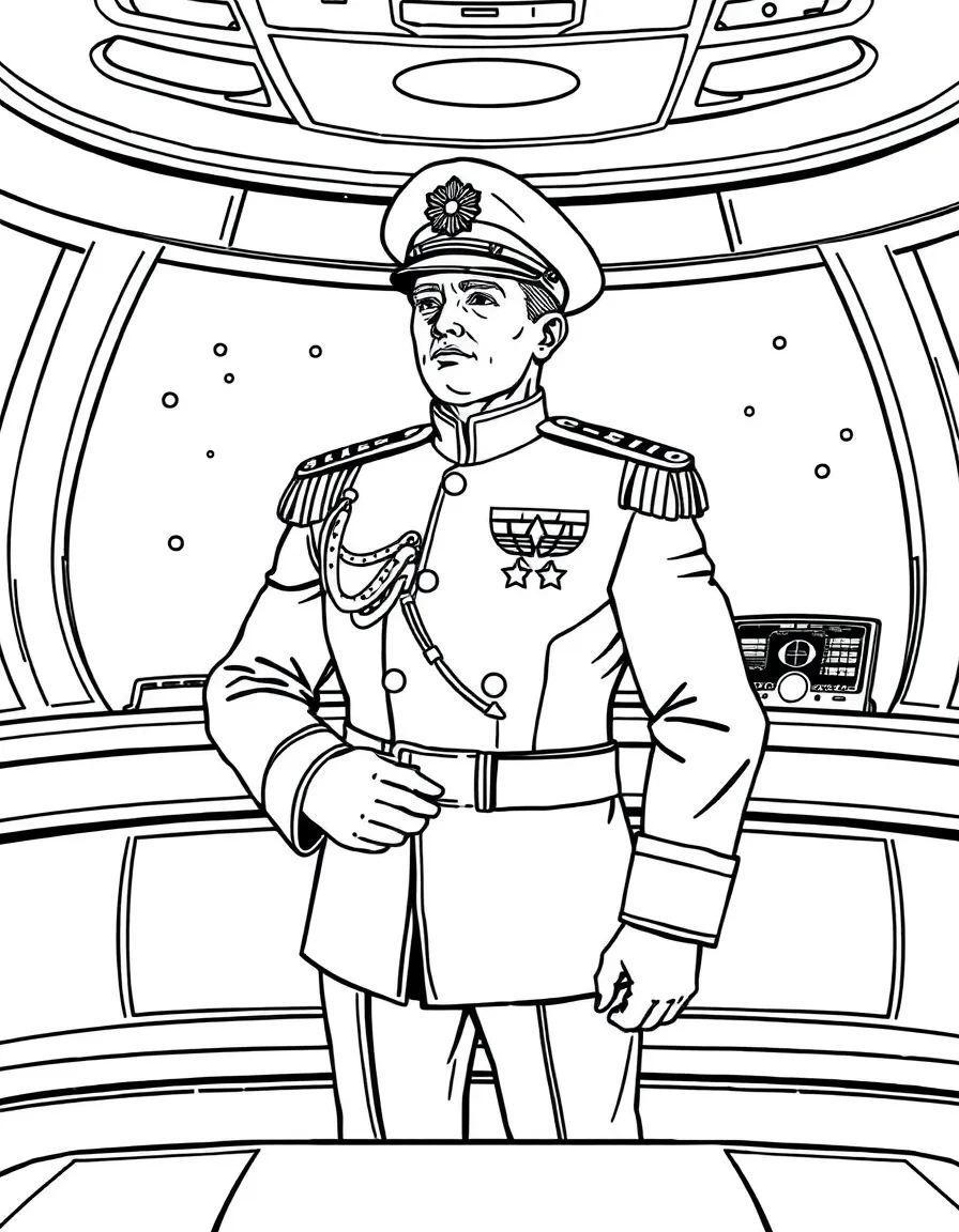 A starship captain in decorated uniform on the bridge