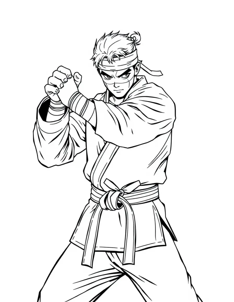 A martial artist in gi with bandaged hands in fighting stance