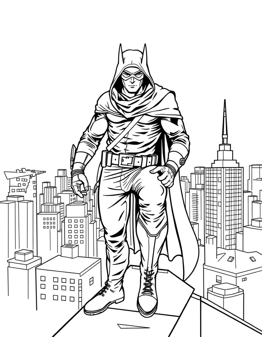 A masked vigilante perched on a rooftop overlooking the city