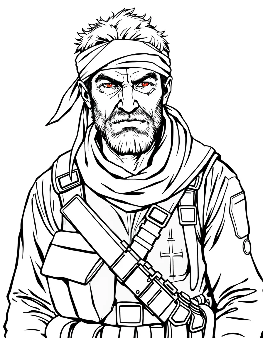 A battle-scarred veteran with utility belt and headband