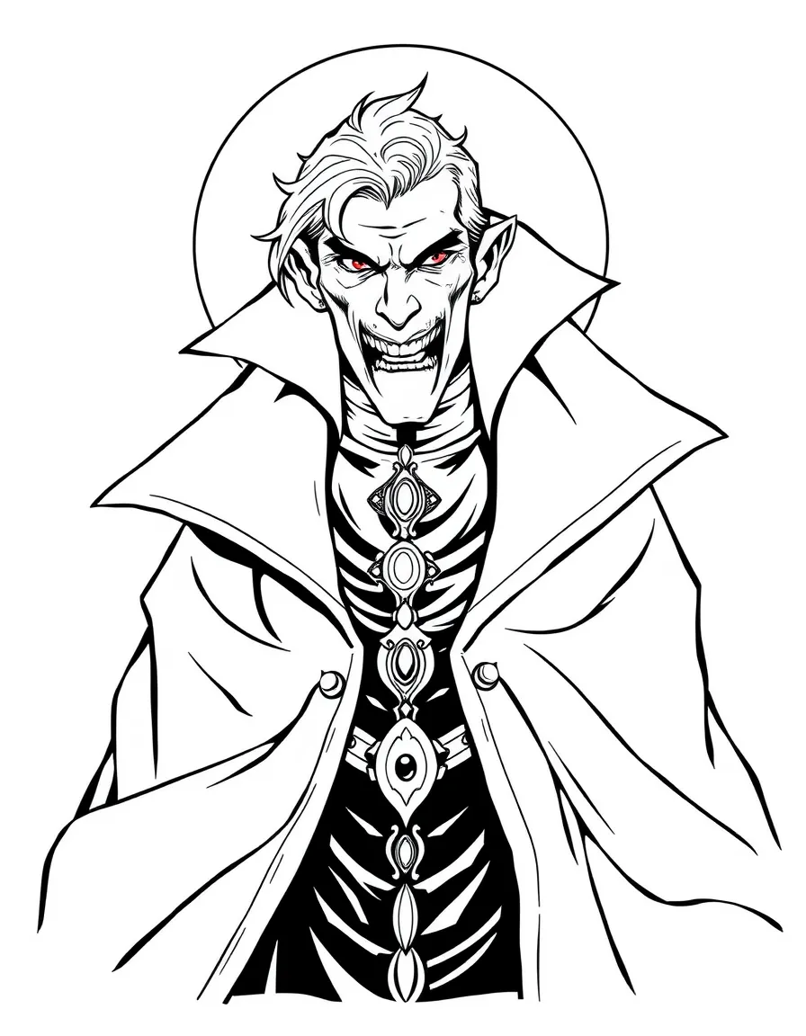 A vampire lord with high collar cape and fangs