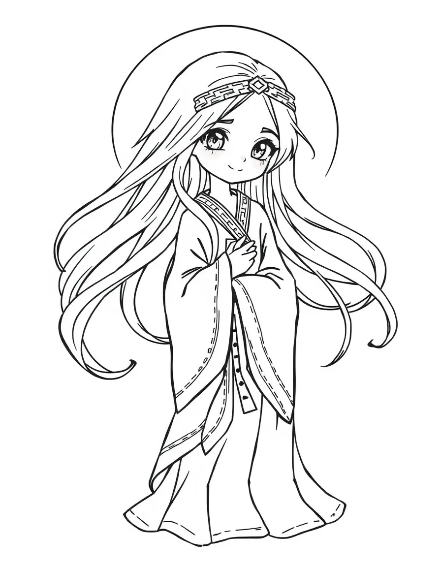 A ghost girl with flowing hair and traditional dress