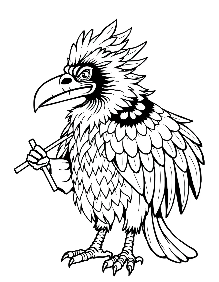 A tengu with crow features and fan