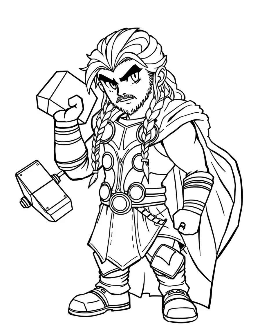 An anime-style Thor with mighty hammer and braided hair