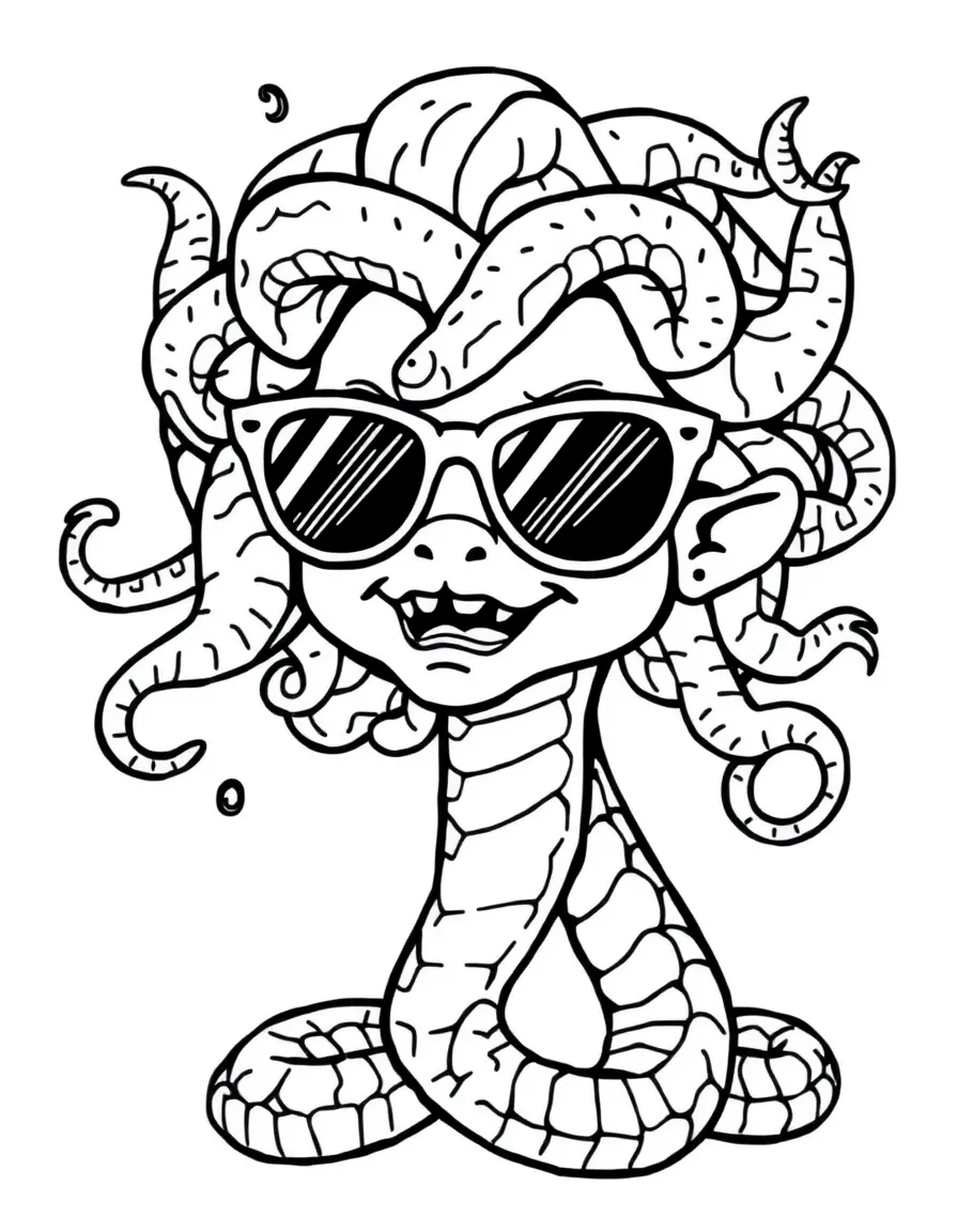 A cute Medusa with snake hair wearing sunglasses