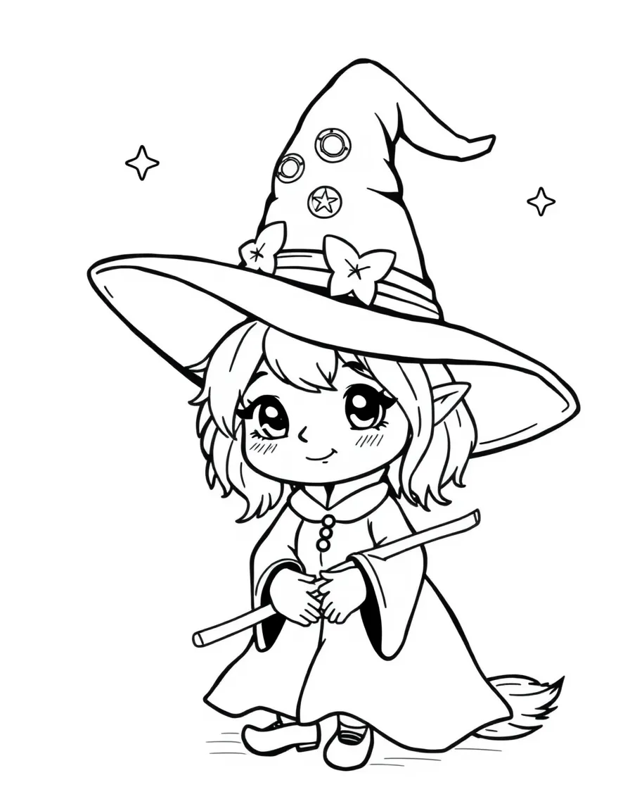 A chibi witch with giant hat and tiny broomstick