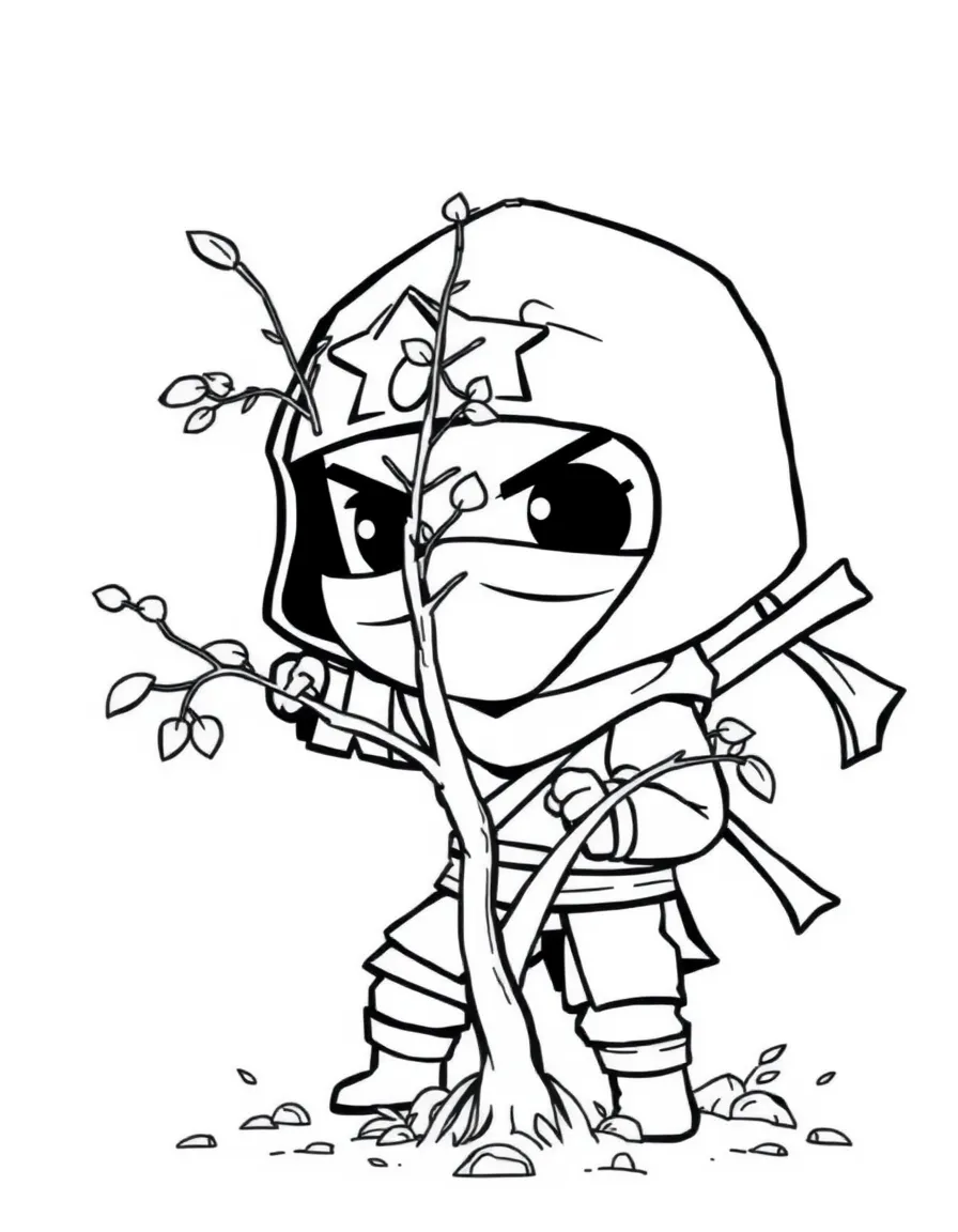 A chibi ninja trying to hide behind a small tree
