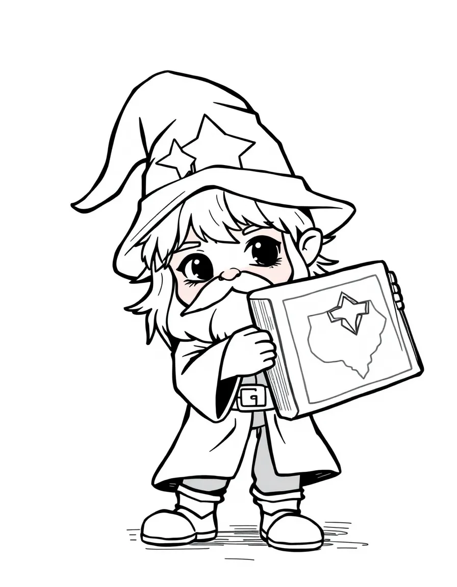 A chibi wizard attempting to carry a spell book bigger than himself