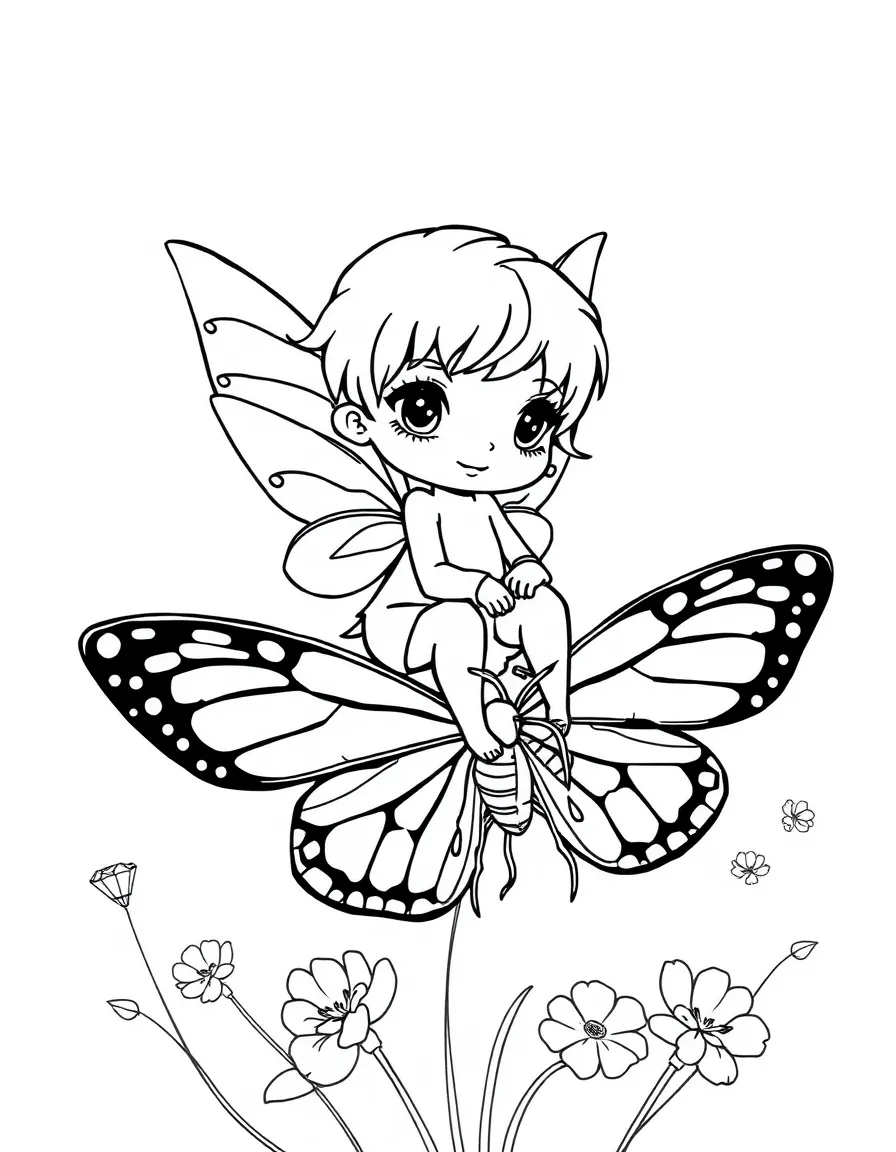 A chibi fairy riding a butterfly as a mount