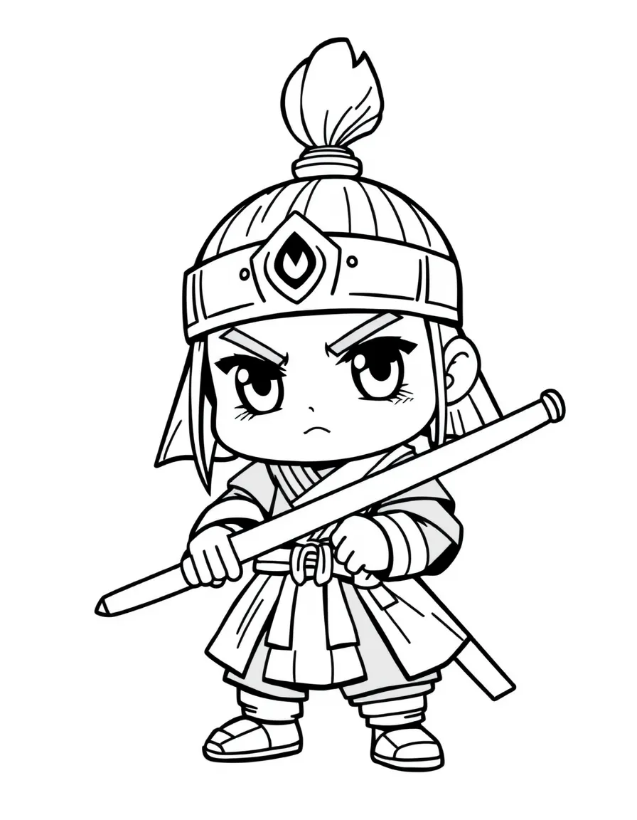A chibi samurai with exaggerated topknot and miniature katana