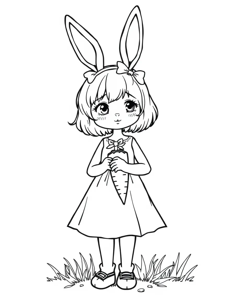 A rabbit-eared girl in a spring dress with carrot accessory