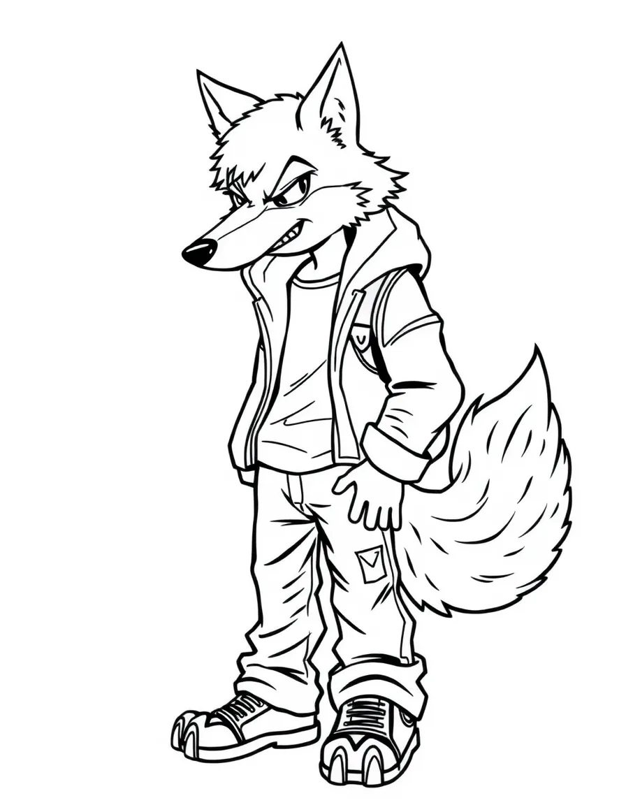 A wolf-boy with tail and claws in casual street clothes