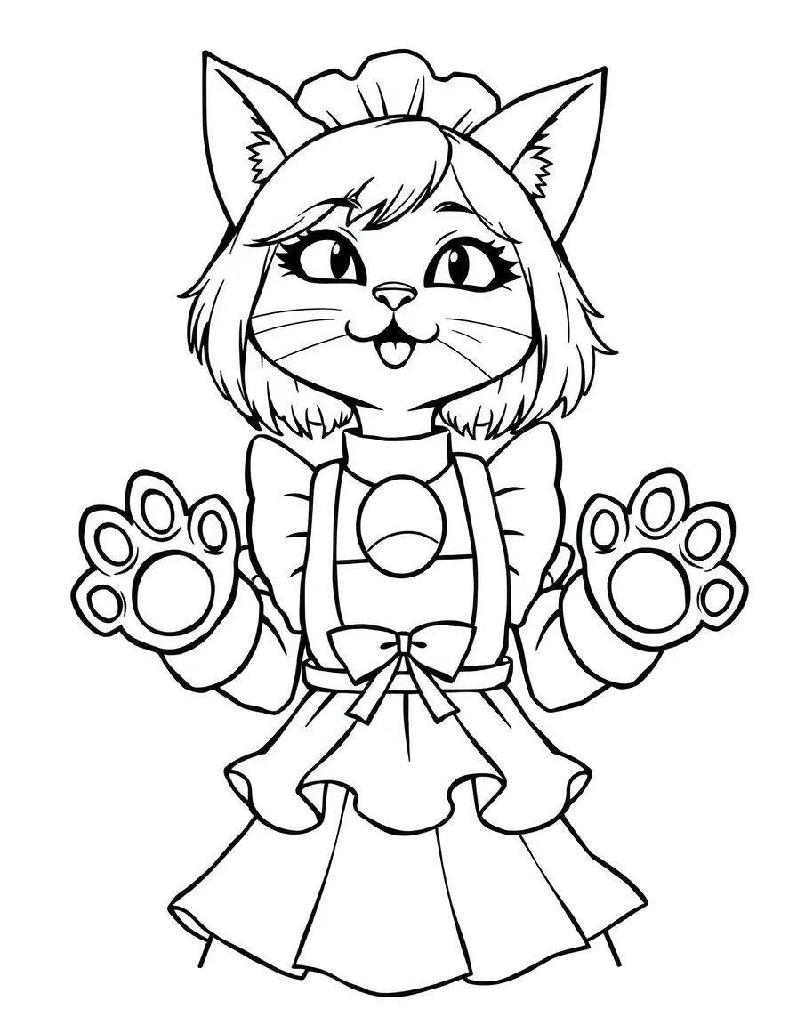 A cat-girl maid with bell collar and paw mittens