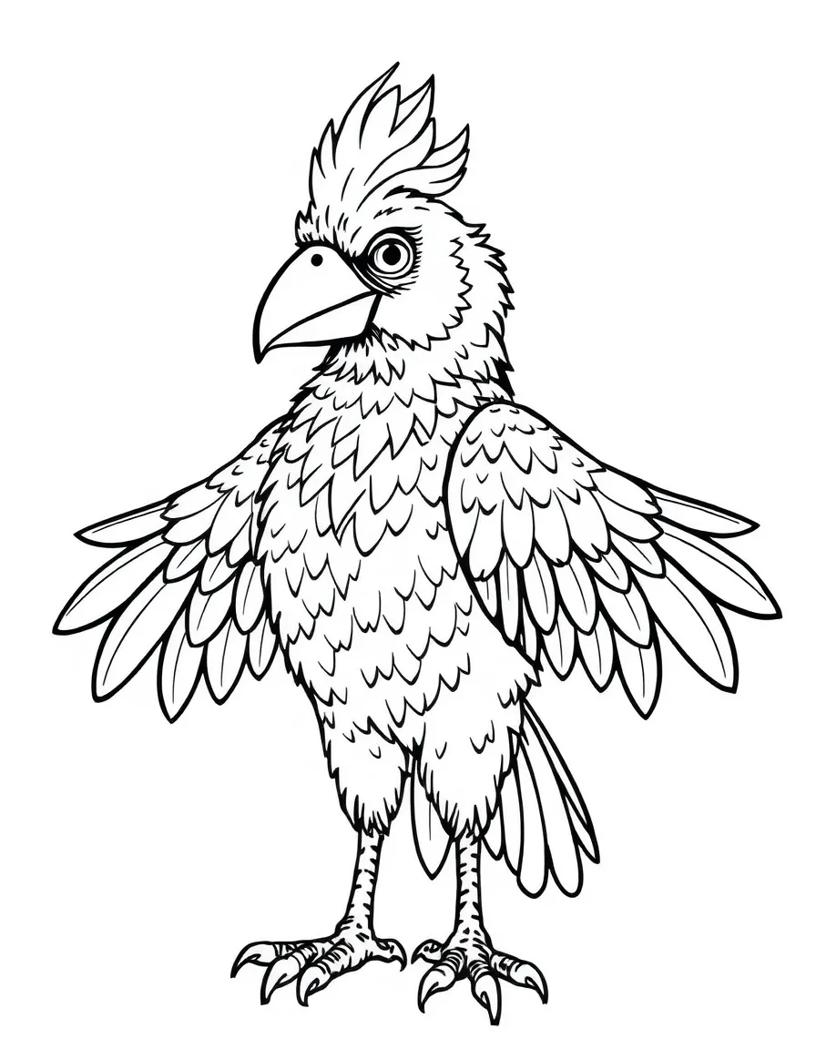 A bird-person with feathered arms and colorful plumage