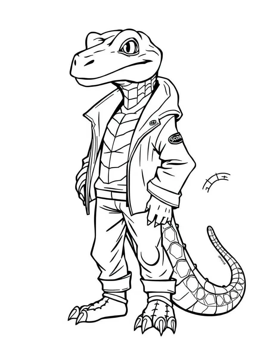 A reptilian character with scales and tail in modern outfit