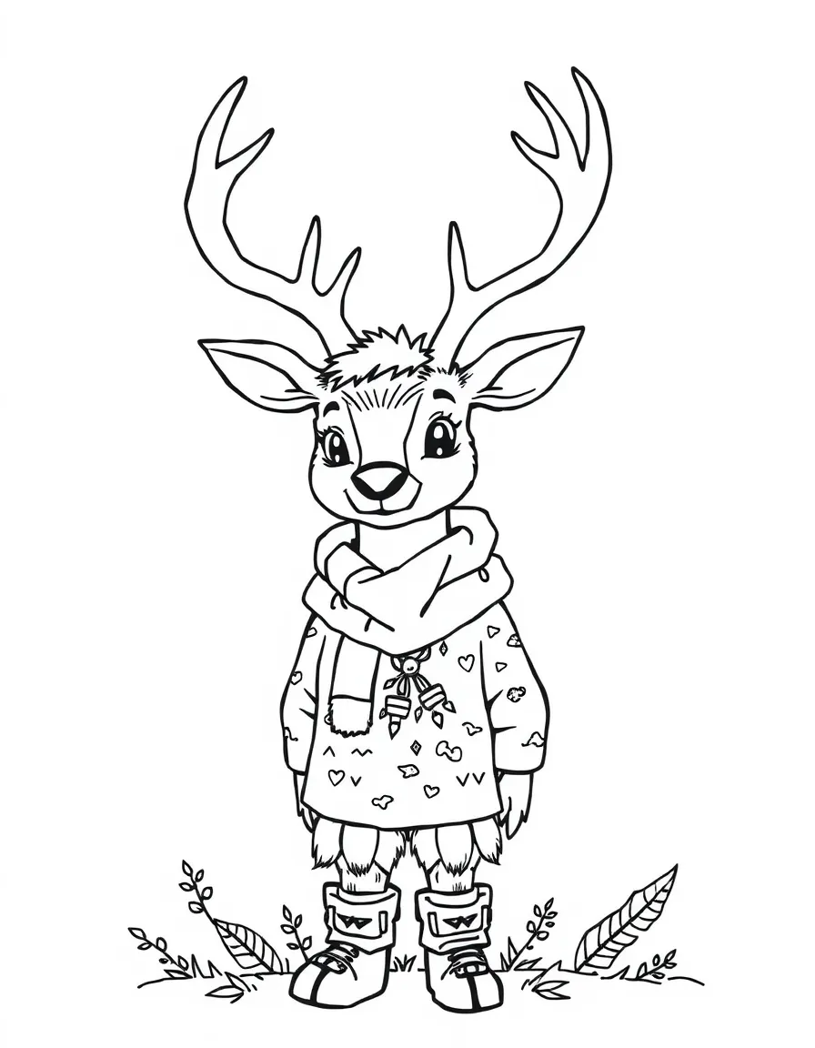 A deer-person with antlers and forest-themed clothing