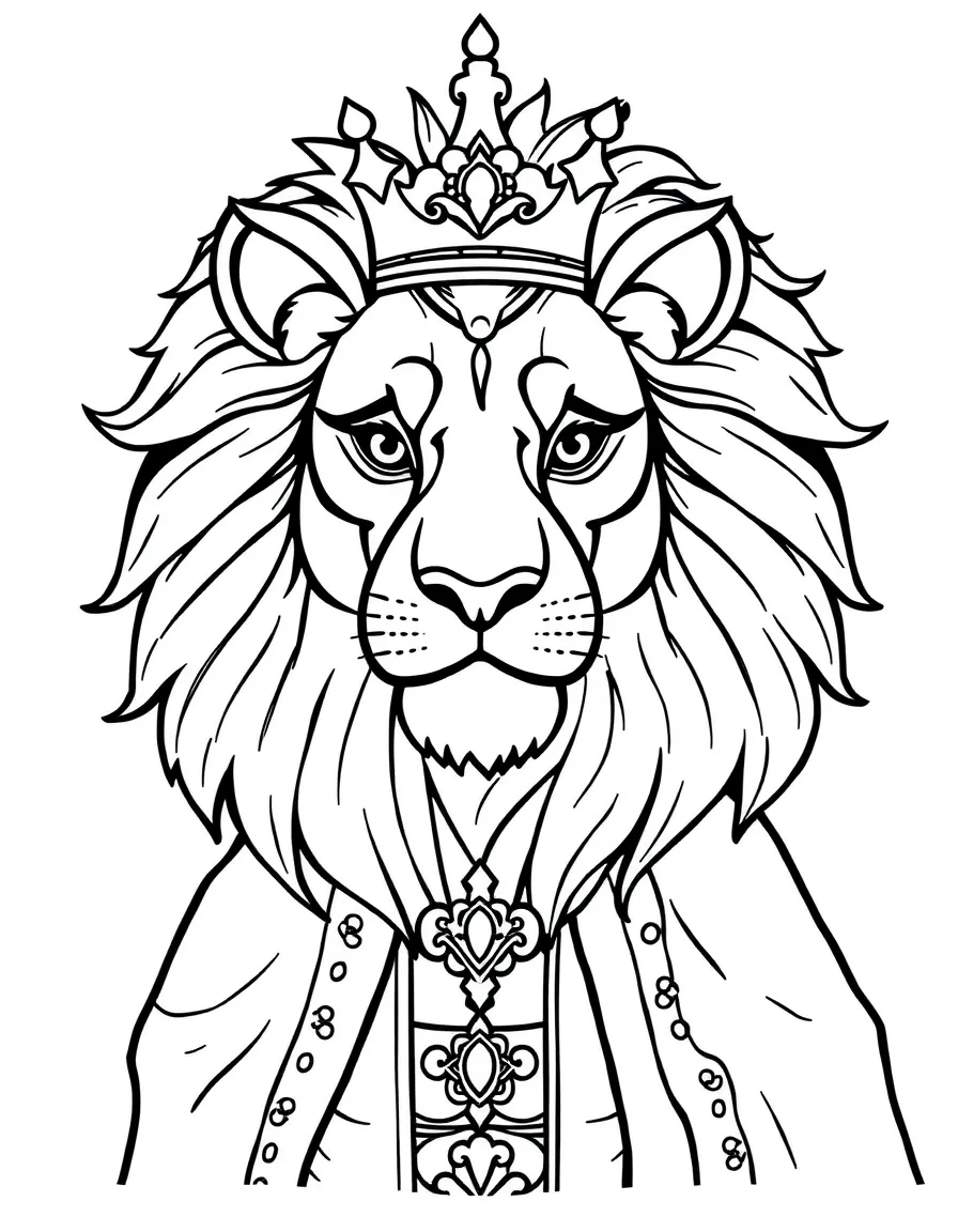 A lion-inspired royal with mane-like hair and regal attire