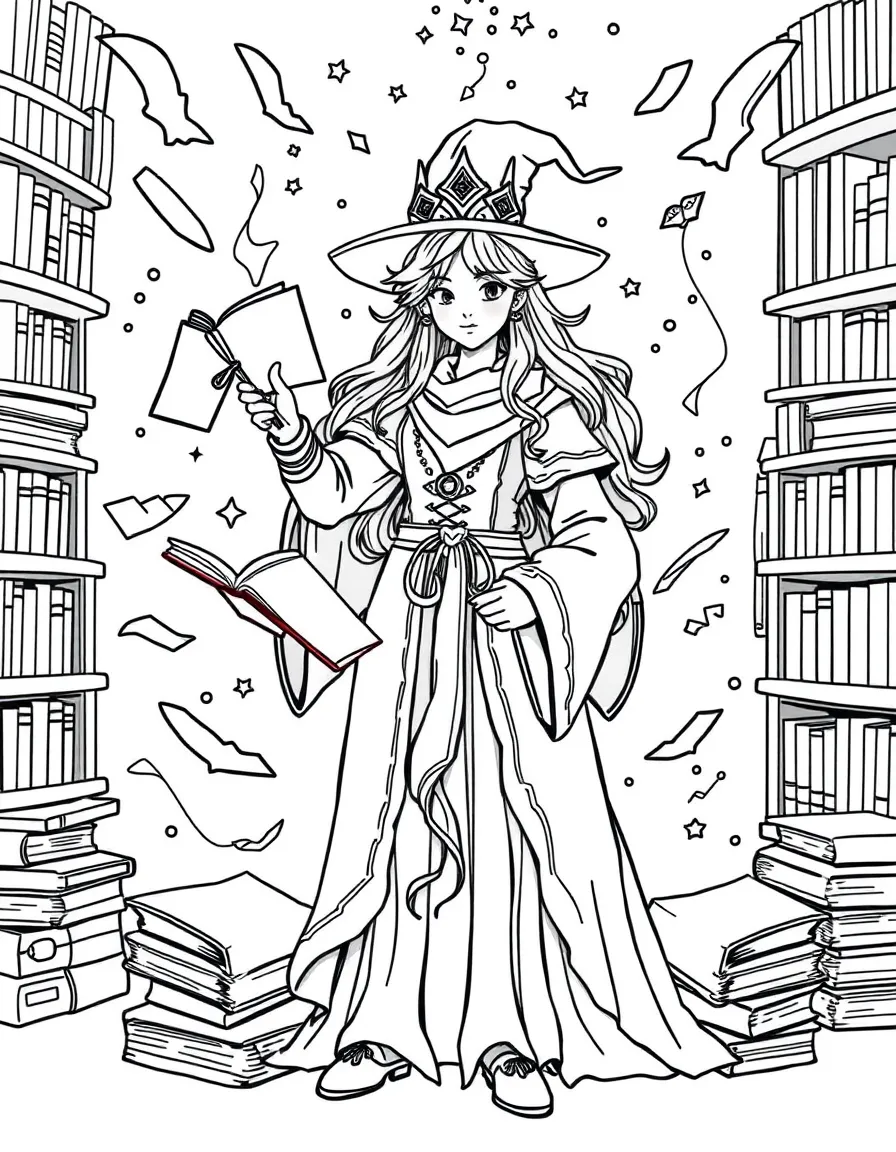 A magical librarian surrounded by floating books