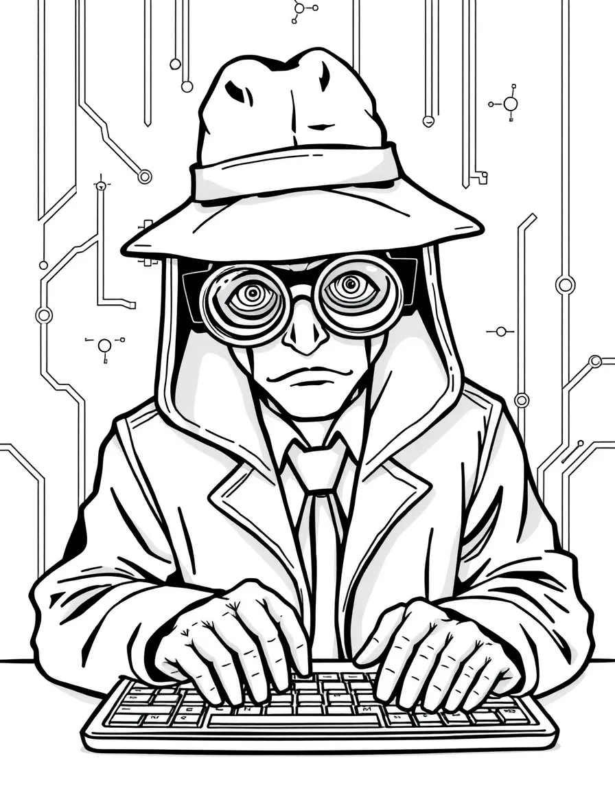 A cyber detective with digital monocle and virtual keyboard