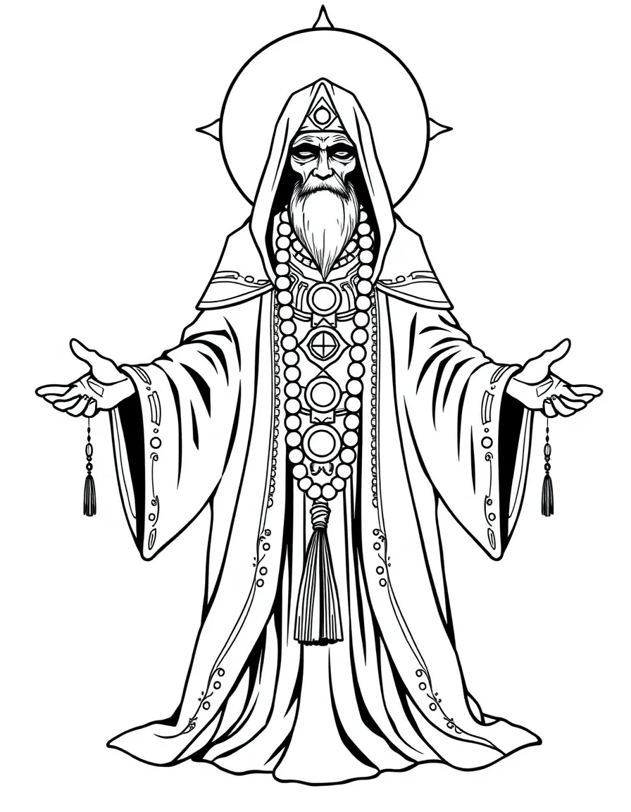 A spirit medium with ceremonial robes and prayer beads