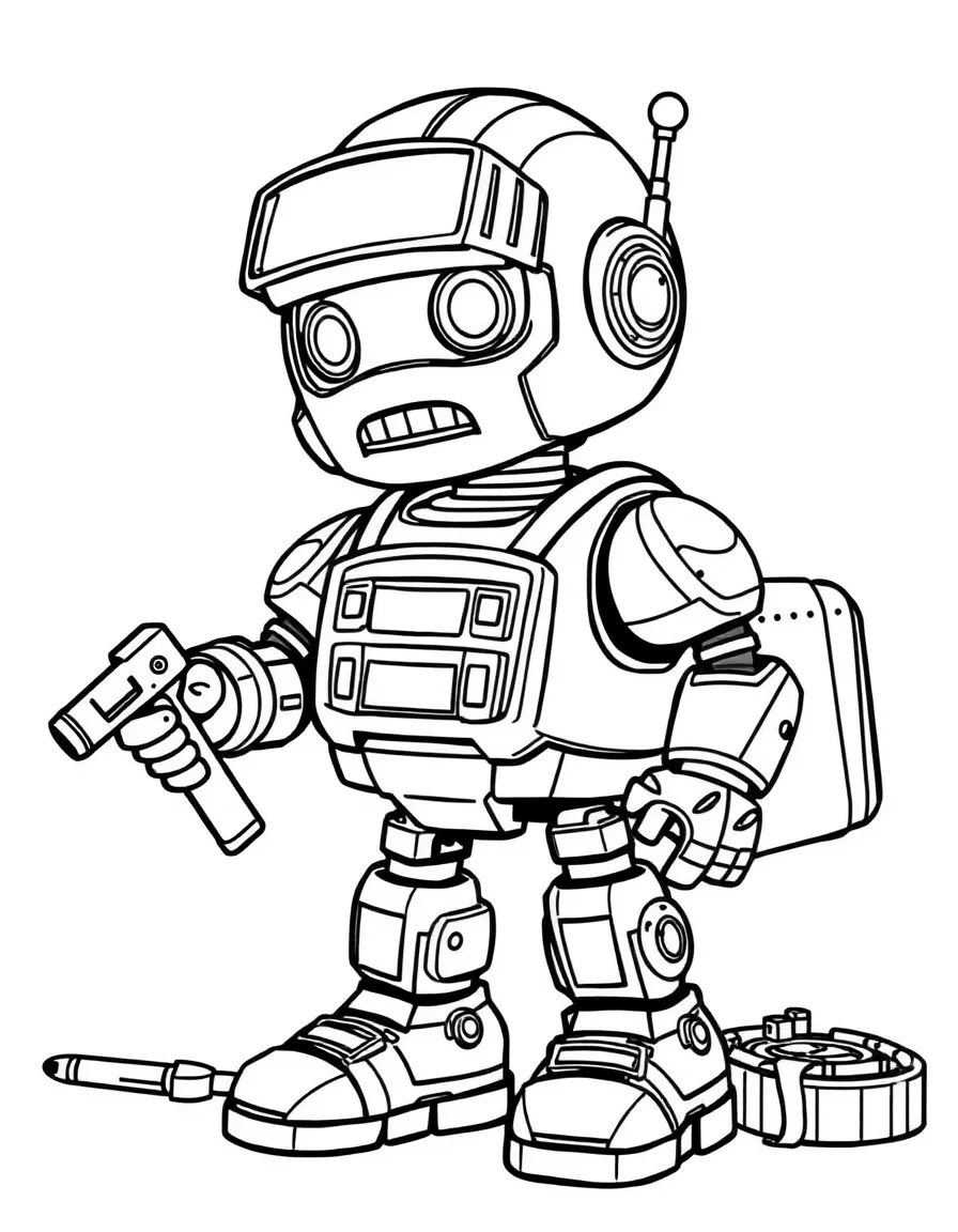 A robot repair technician with toolkit and diagnostic visor