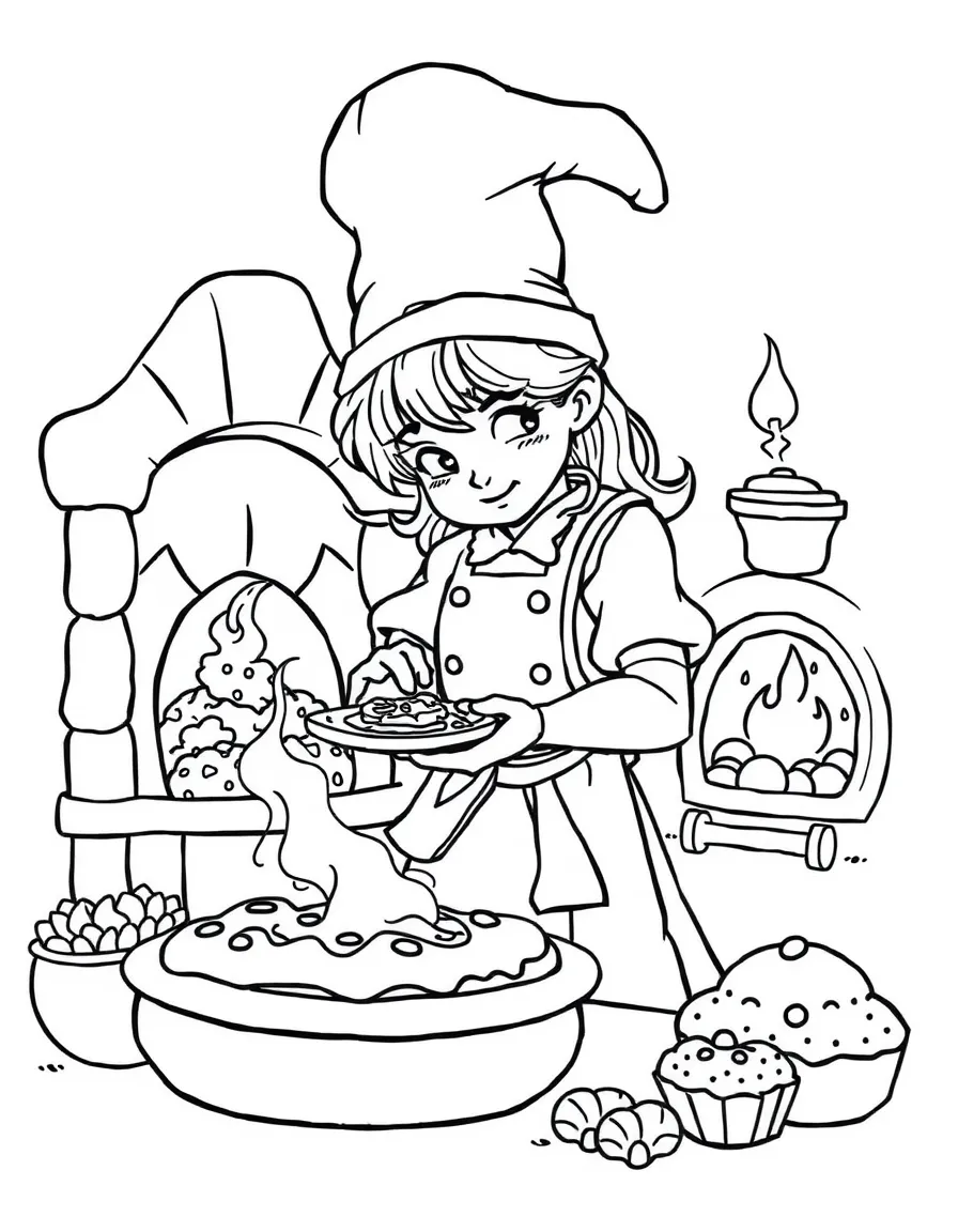 A magical baker creating enchanted pastries with glowing oven