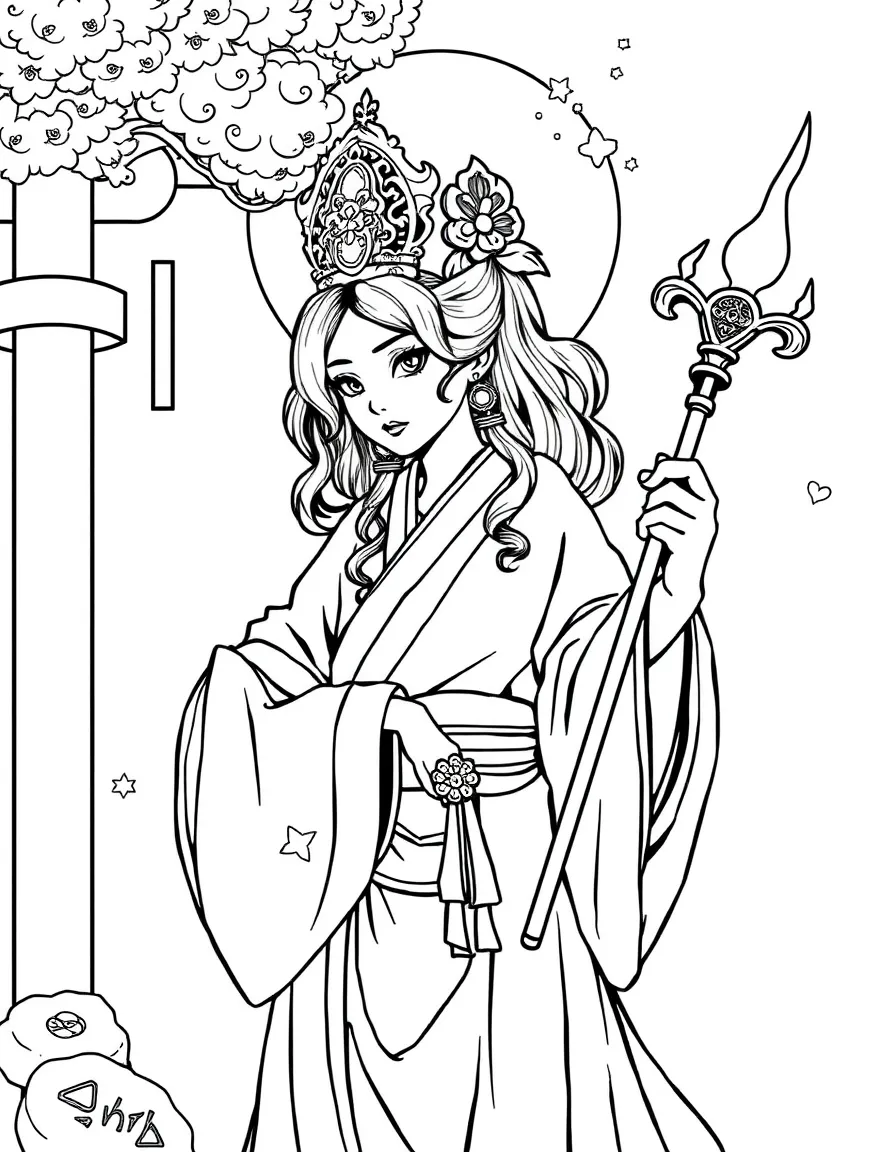 A shrine maiden with ceremonial robes and purification wand